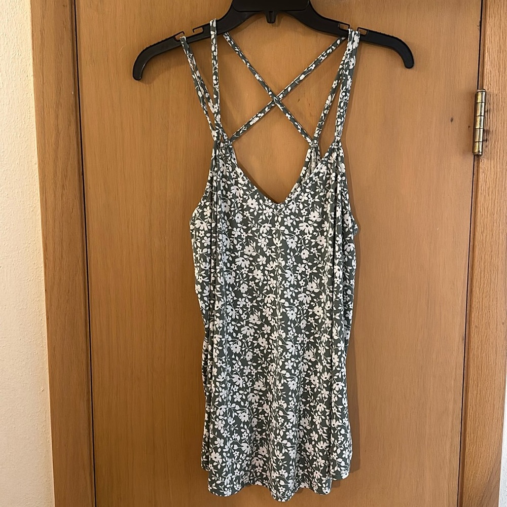 Papermoon Green and White Floral Crisscross Tank Top